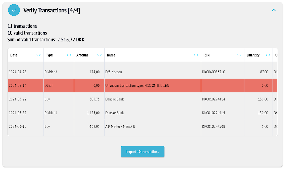 Verify the transactions and import